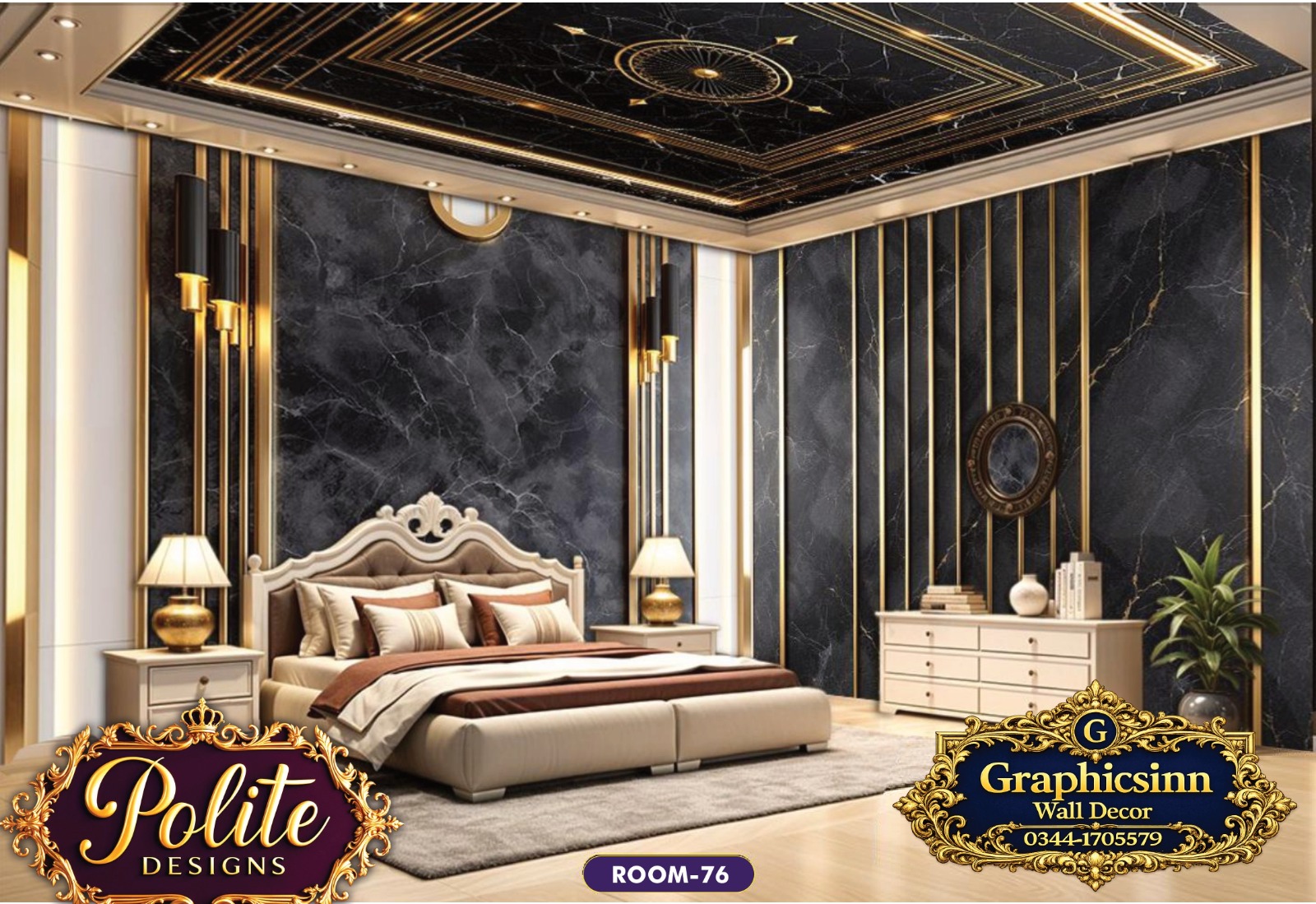 Luxury Black Marble and Gold Bedroom Wallpaper Design - Polite Designs 76