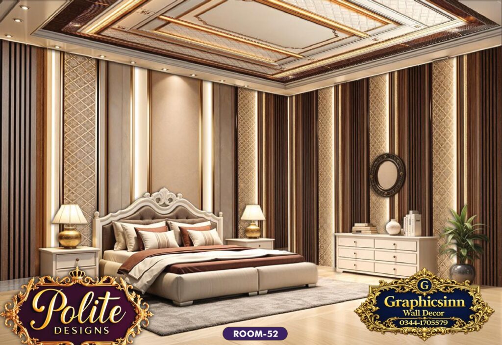 Luxury Golden Striped 3D Bedroom Wallpaper Design - Polite Designs Room-52