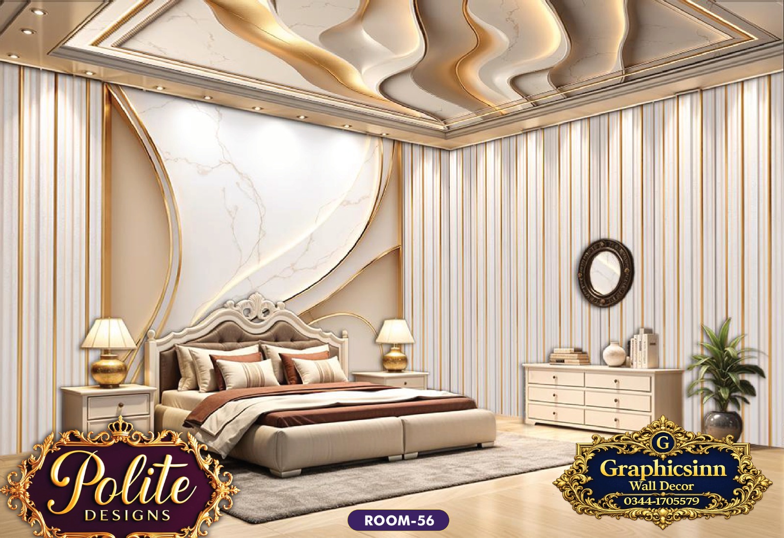 Luxury White and Gold 3D Bedroom Wallpaper Design - Polite Designs 56