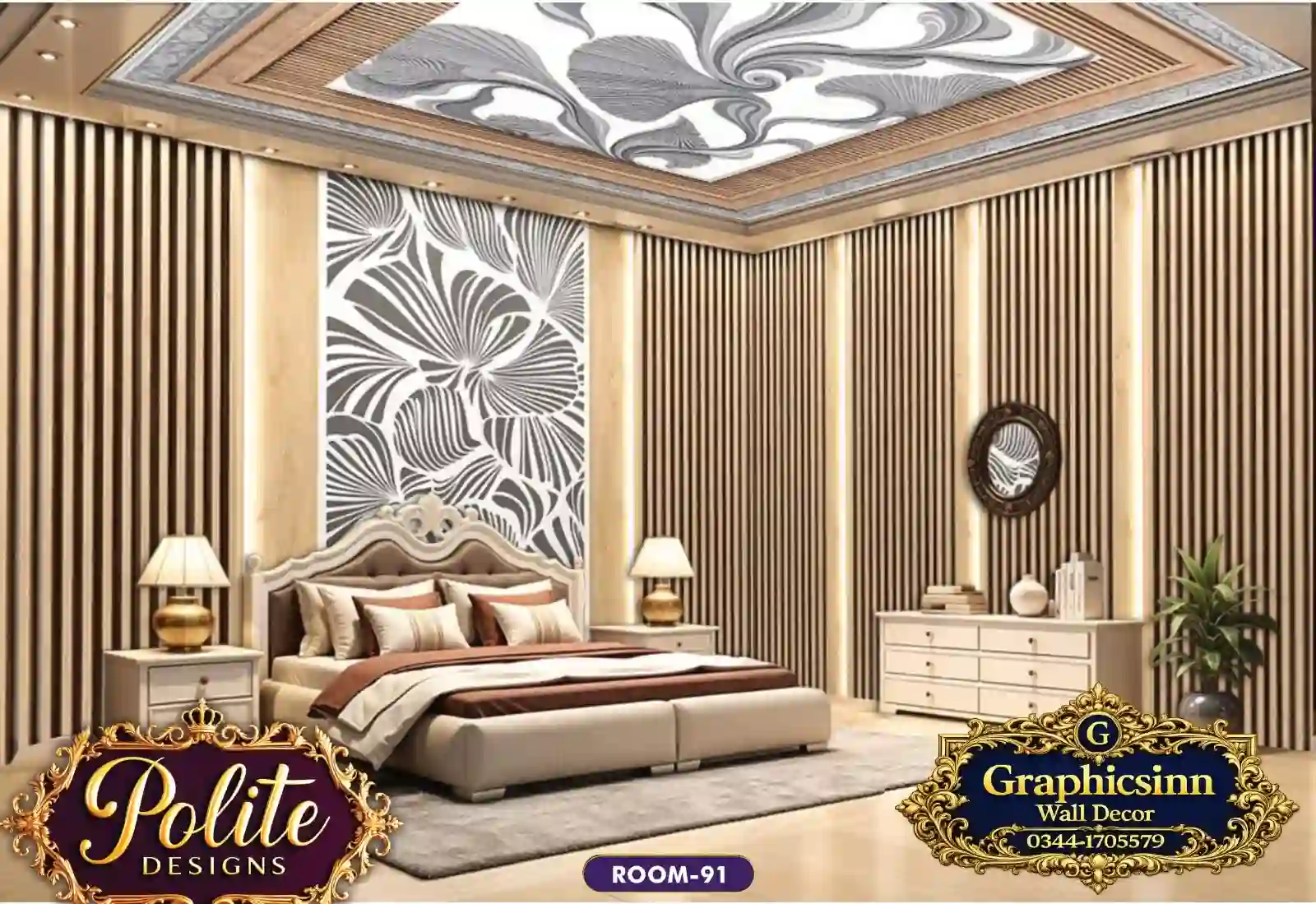Home 17 Modern 3D Beige Padded and Gold Bedroom Wallpaper - Polite Designs 91