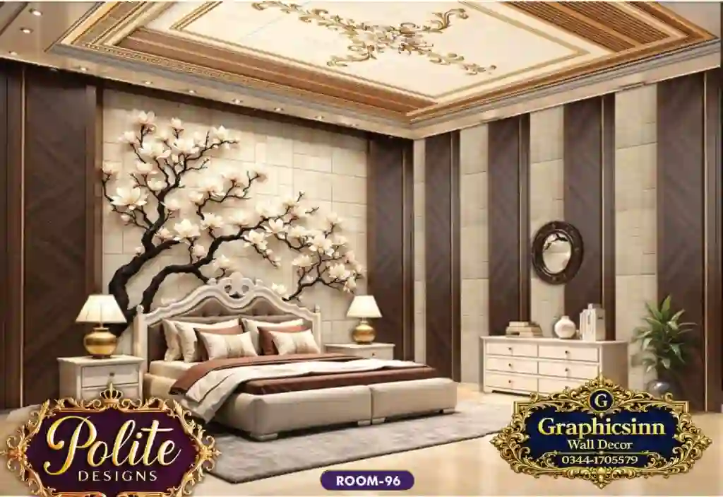 Modern 3D Floral Tree and Wood Panel Bedroom Wallpaper - Polite Designs 96 1 Modern 3D Floral Tree and Wood Panel Bedroom Wallpaper - Polite Designs 96
