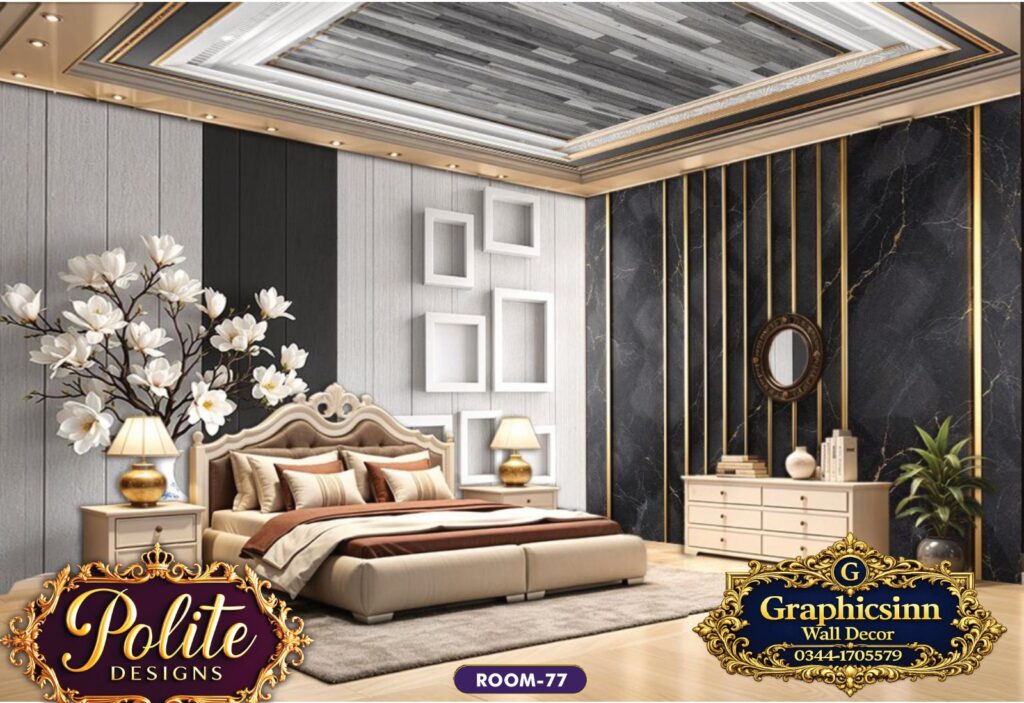 Modern 3D Floral and Black Marble Bedroom Wallpaper Design - Polite Designs 77