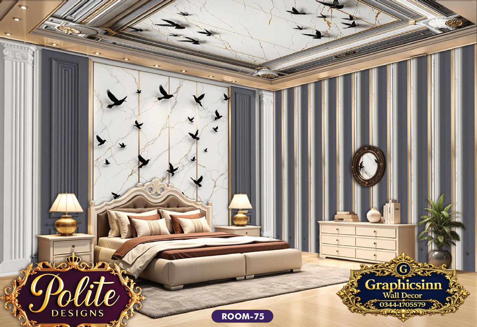 Modern 3D Flying Birds Marble Bedroom Wallpaper Design - Polite Designs 75