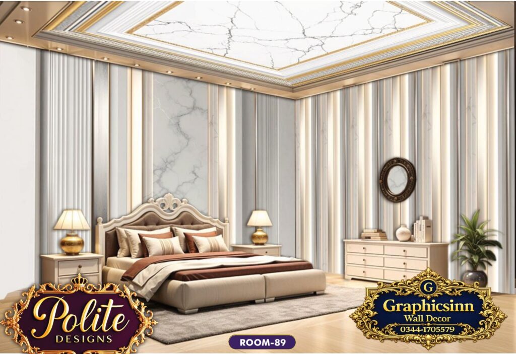 Modern 3D White and Gold Padded Bedroom Wallpaper Design - Polite Designs 89