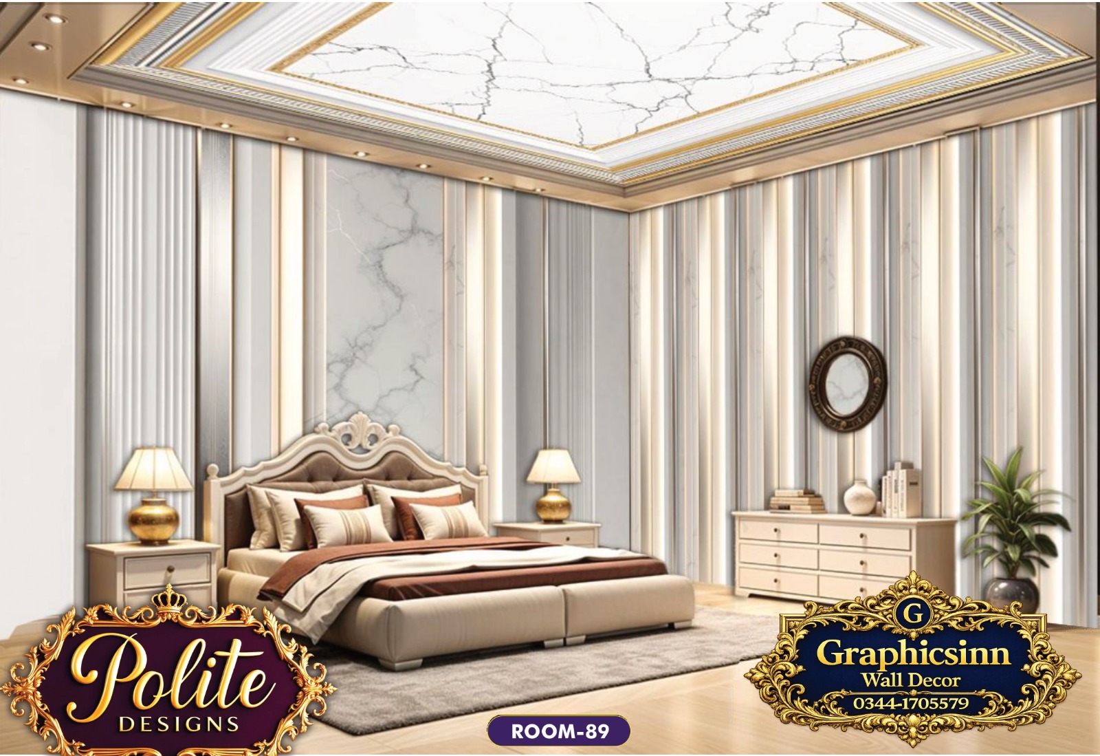 Modern 3D White and Gold Padded Bedroom Wallpaper Design - Polite Designs 89