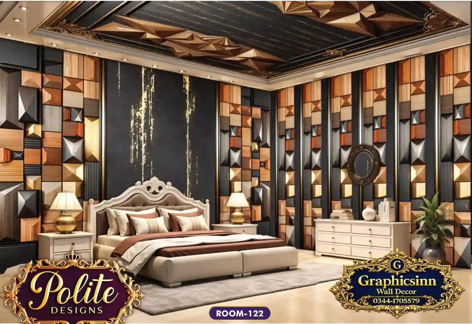 Home 19 3D Geometric Wood and Gold Block Wallpaper HD File - Polite Designs 122