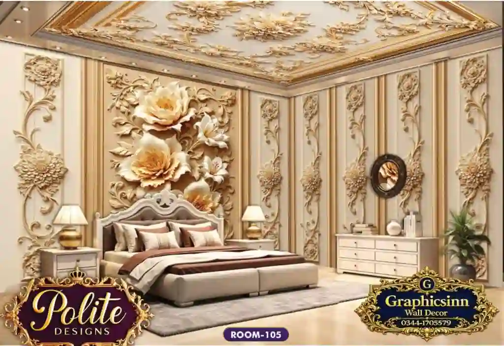 3D Golden Floral Relief Wallpaper Mural - Polite Designs 105 1 3D Golden Floral Relief Wallpaper Mural - Polite Designs 105