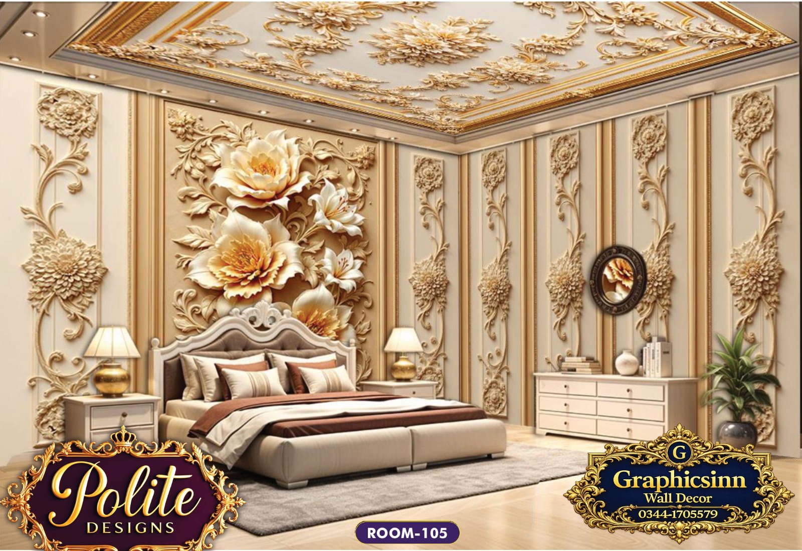 3D Golden Floral Relief Wallpaper Mural - Polite Designs 105
