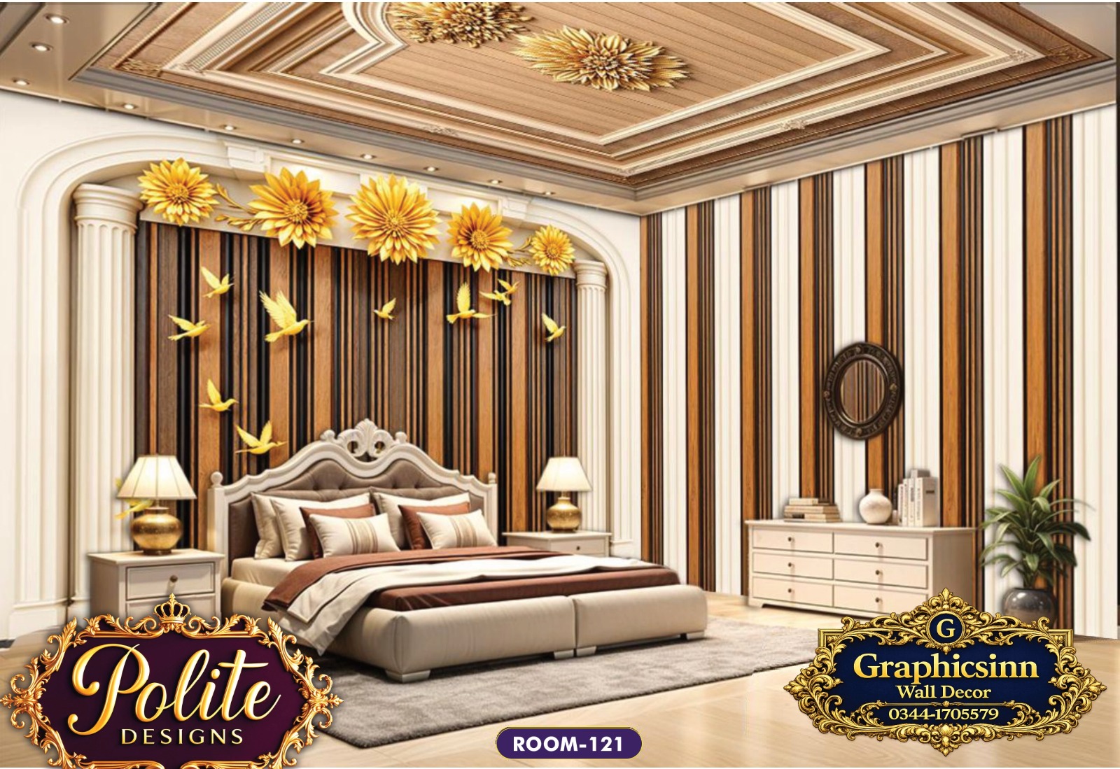 3D Golden Flower Wood Panel Wallpaper HD File - Polite Designs 121