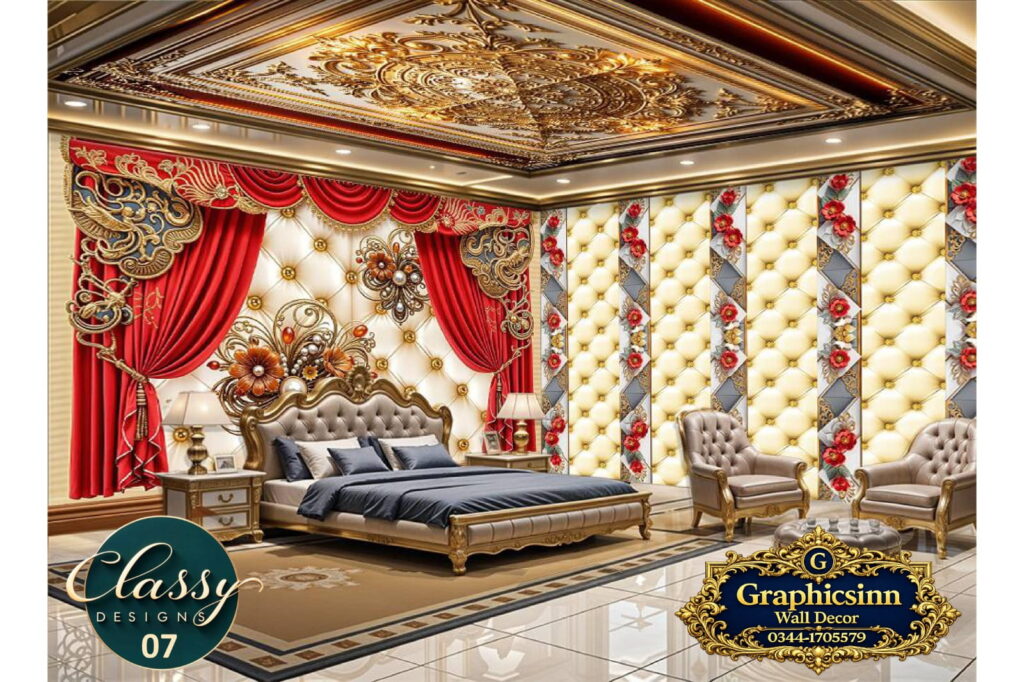 3D Red Curtain Gold Jewelry Tufted Wallpaper HD File - Classy Designs 07
