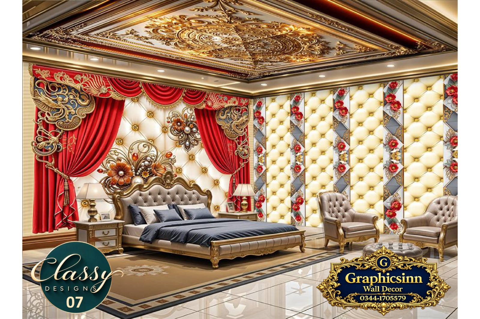 3D Red Curtain Gold Jewelry Tufted Wallpaper HD File - Classy Designs 07
