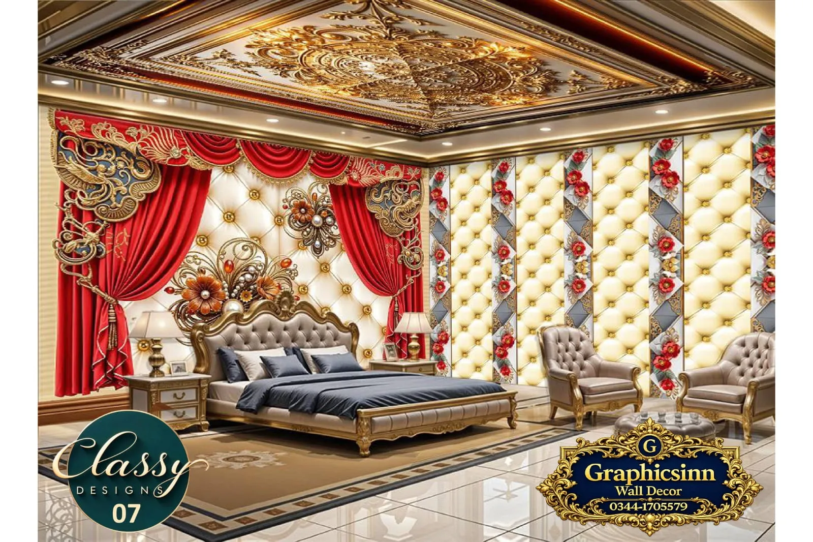 Home 20 3D Red Curtain Gold Jewelry Tufted Wallpaper HD File - Classy Designs 07