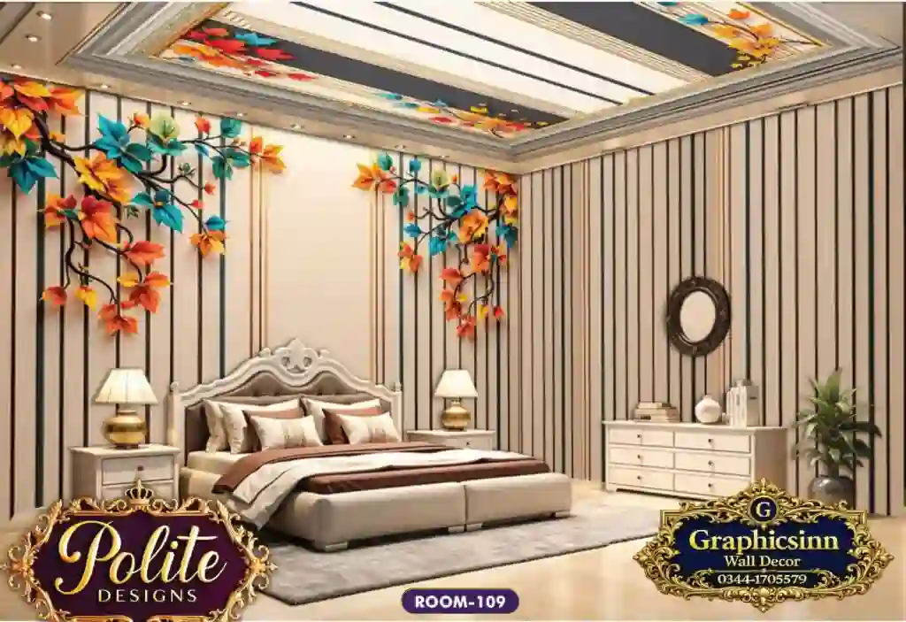 3D Teal and Orange Leaf Striped Wallpaper Mural - Polite Designs 108 1 3D Teal and Orange Leaf Striped Wallpaper Mural - Polite Designs 108