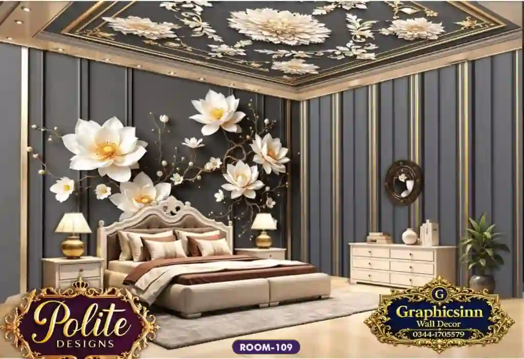3D White Magnolia Dark Panel Wallpaper Mural - Polite Designs 109 1 3D White Magnolia Dark Panel Wallpaper Mural - Polite Designs 109