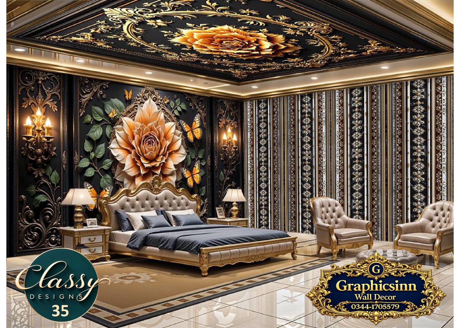 3D Dark Floral Golden Butterfly Wallpaper HD Premium File - Classy Designs 35