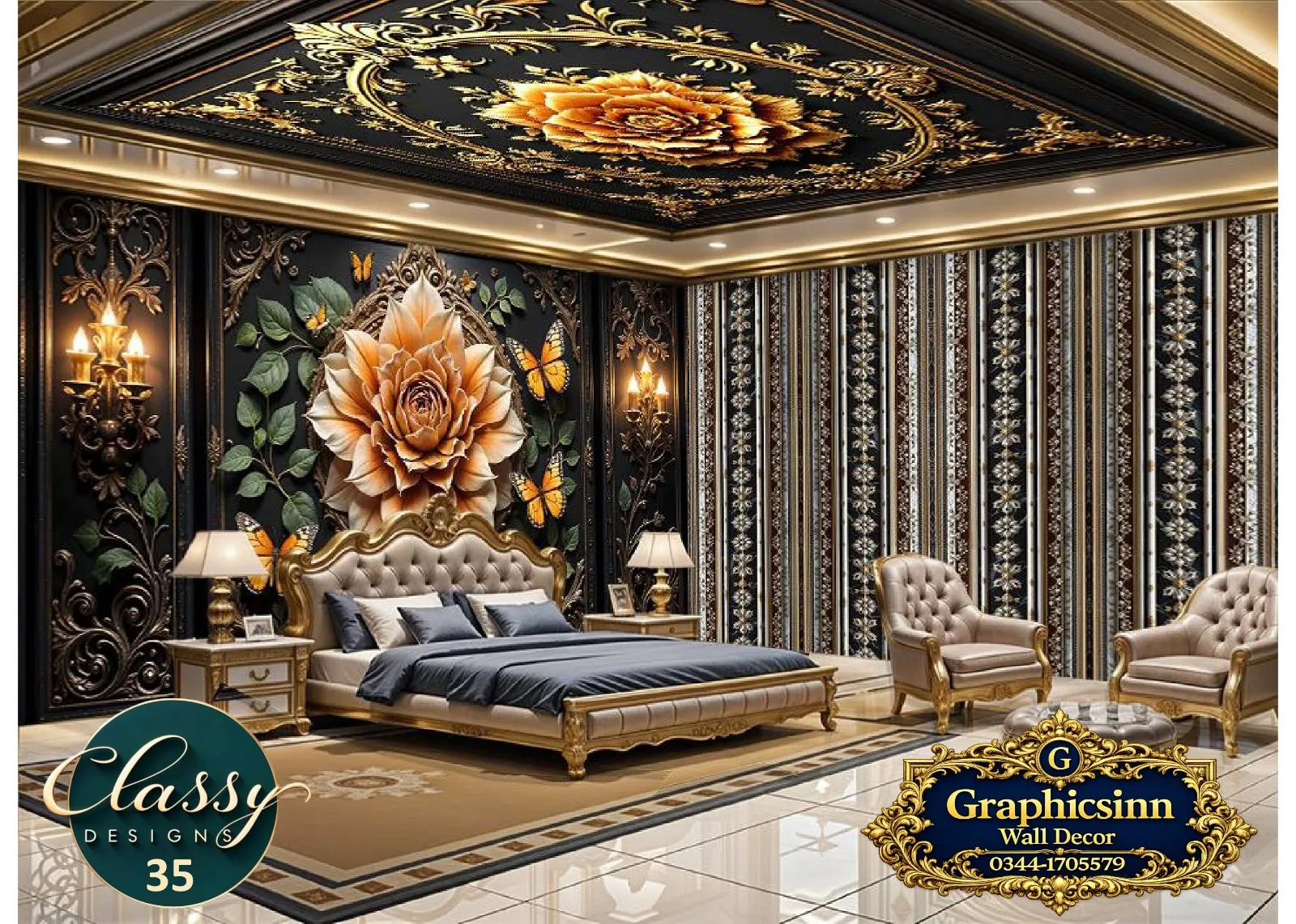 Home 15 3D Dark Floral Golden Butterfly Wallpaper HD Premium File - Classy Designs 35