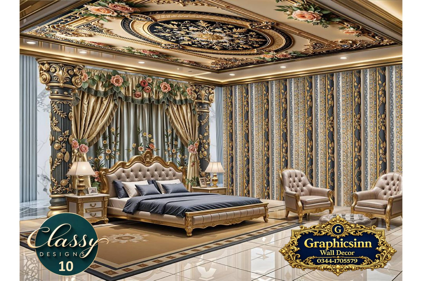 3D Golden Drape Floral Pillar Wallpaper HD File - Classy Designs 10