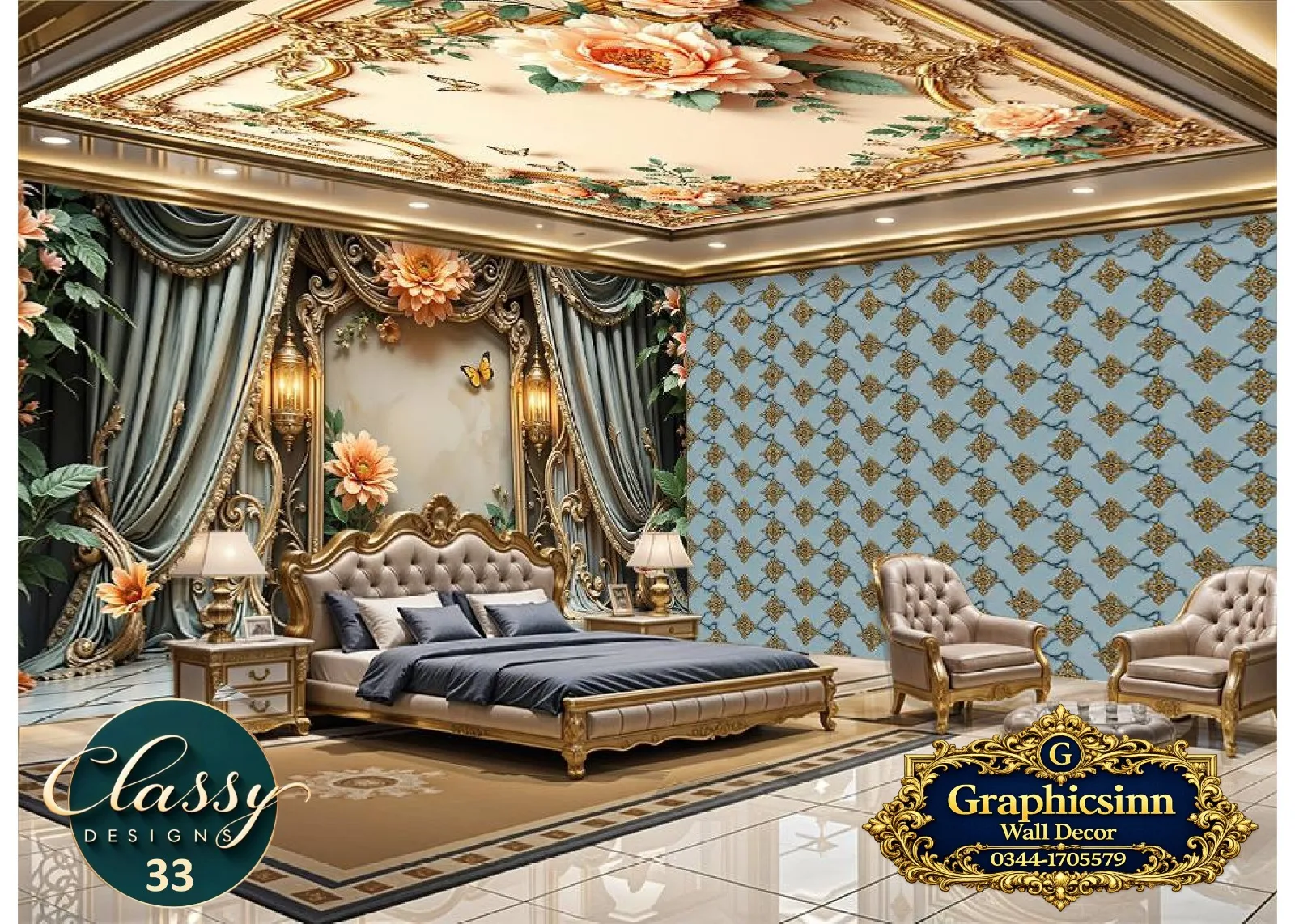 Home 23 3D Teal Drape Peach Floral Wallpaper HD Premium File - Classy Designs 33