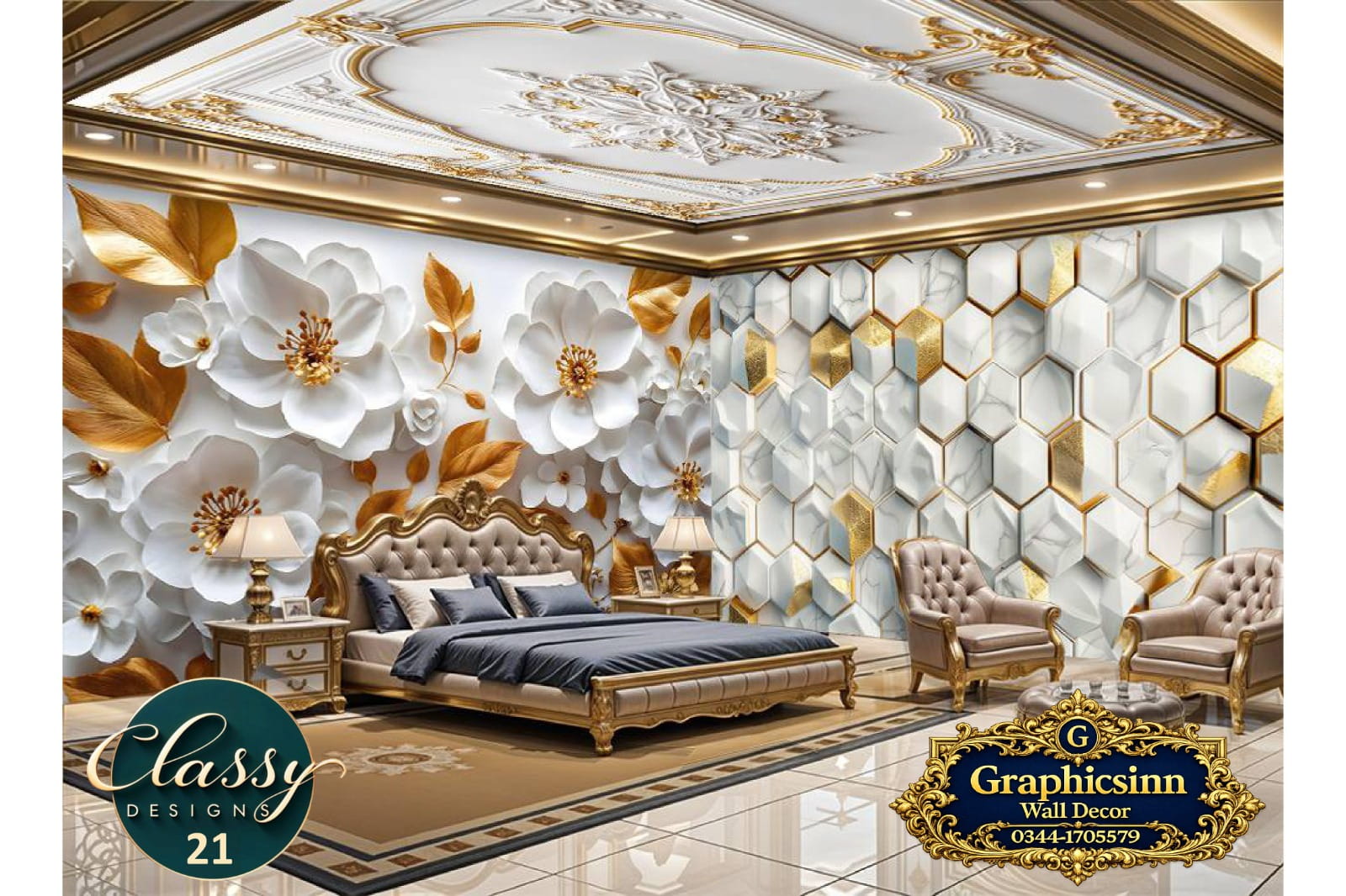 3D White Floral Gold Hexagon Marble Wallpaper HD File - Classy Designs 21