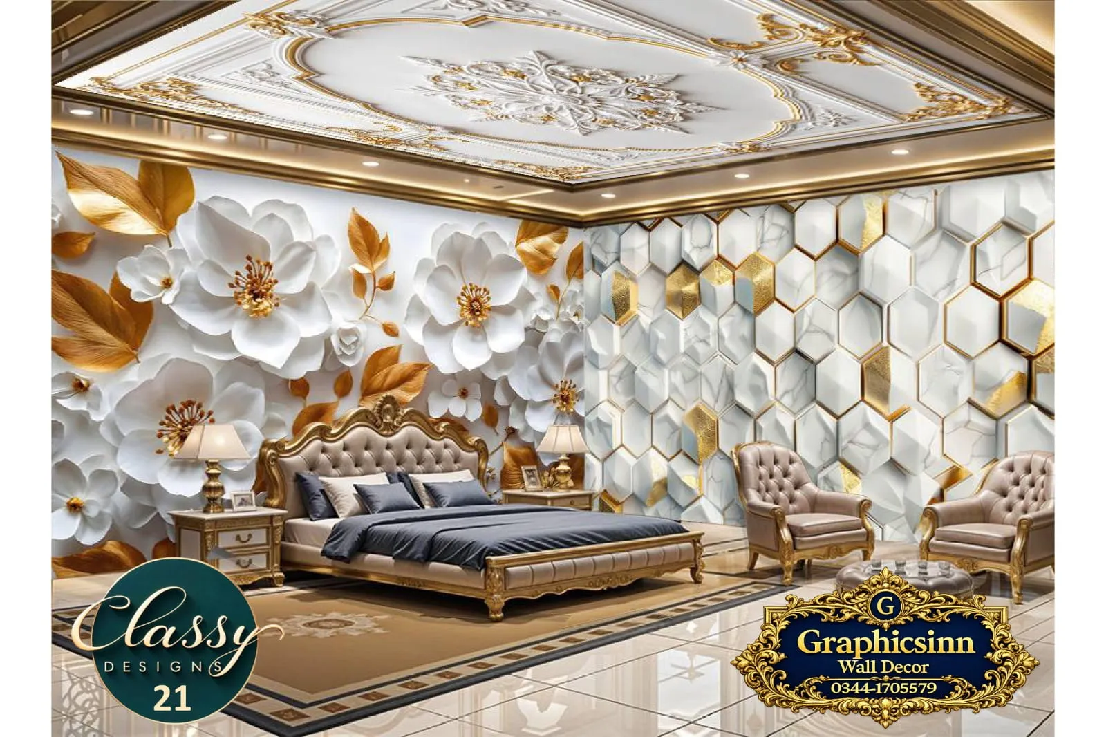 Home 18 3D White Floral Gold Hexagon Marble Wallpaper HD File - Classy Designs 21