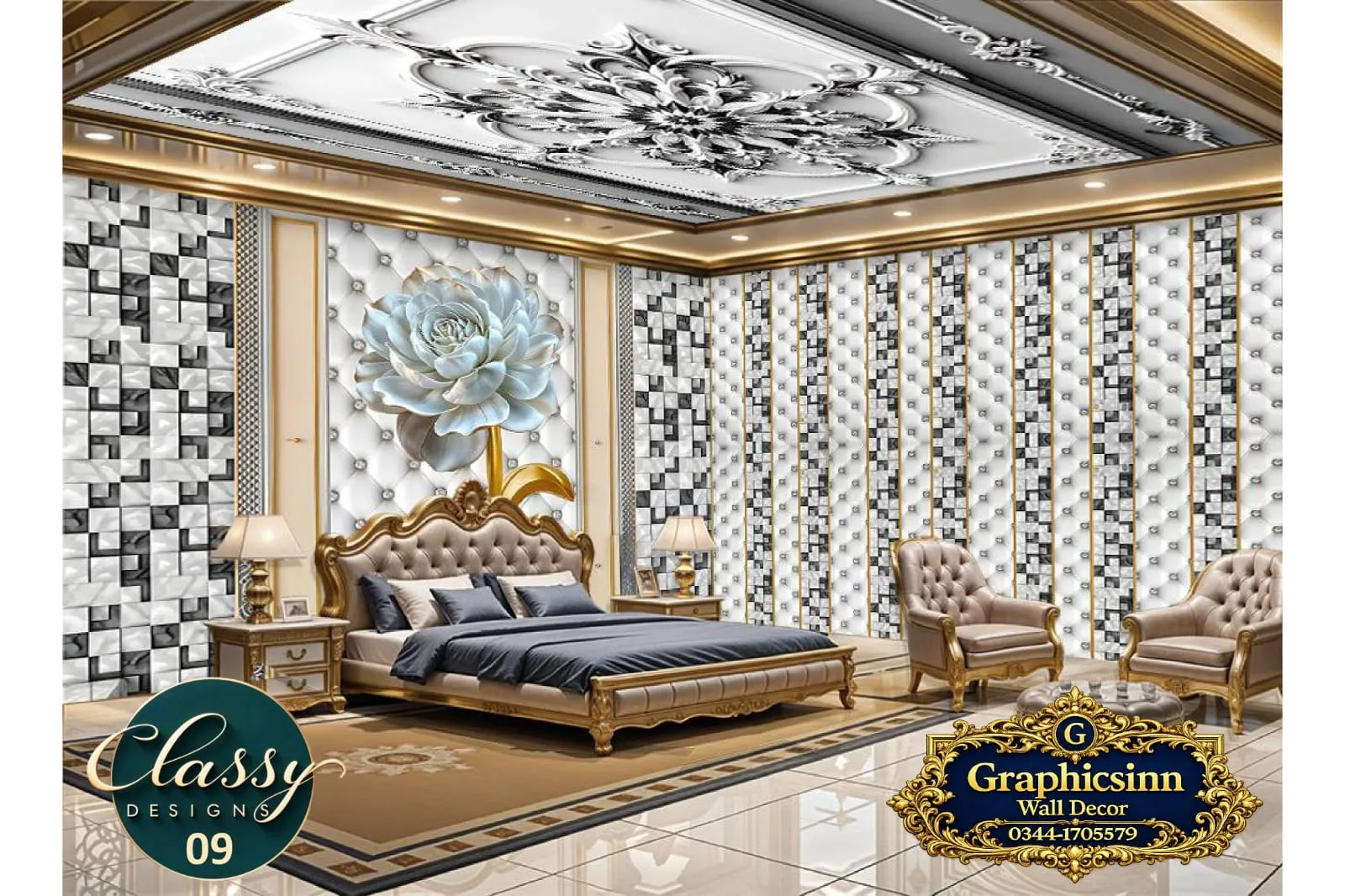 Home 17 3D White Flower Checkered Tile Wallpaper HD File - Classy Designs 09