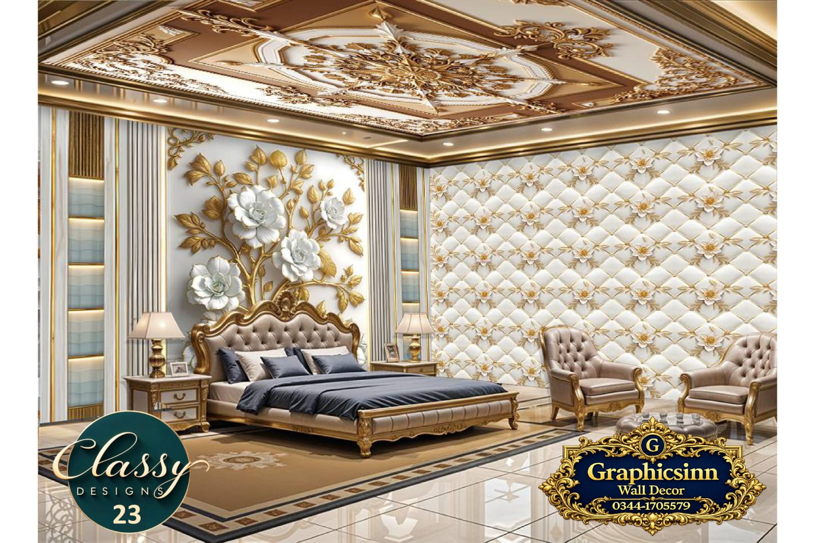 3D White Flower Golden Branch Tufted Wallpaper HD File - Classy Designs 23