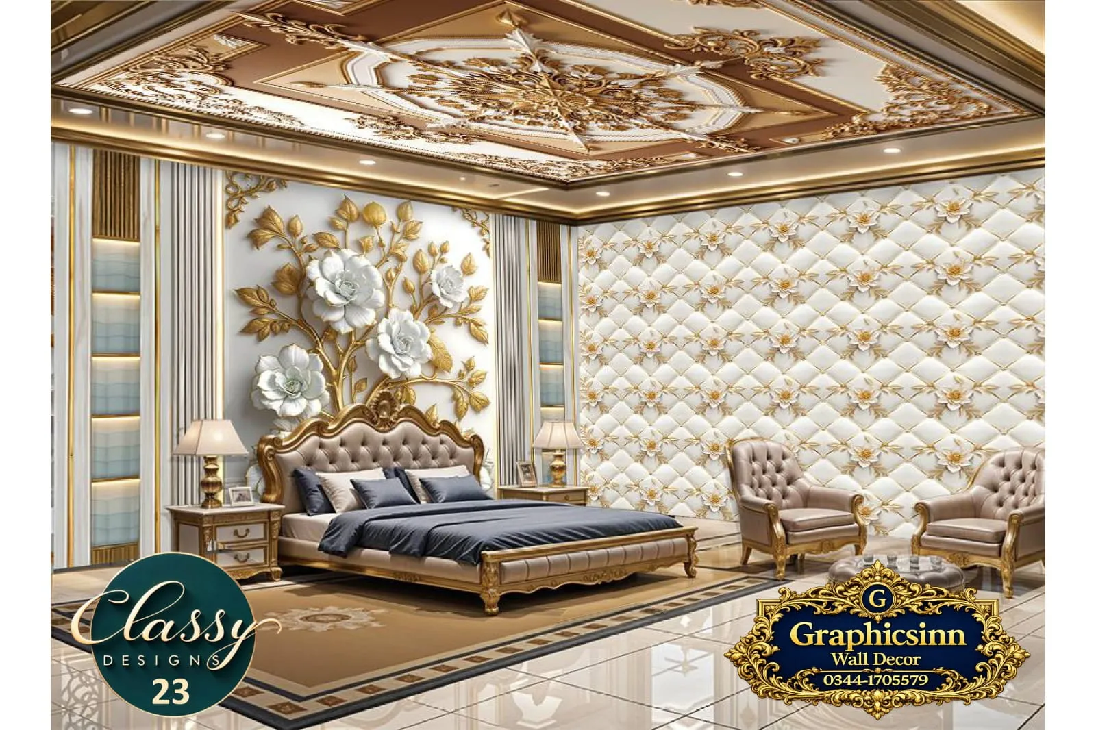 Home 24 3D White Flower Golden Branch Tufted Wallpaper HD File - Classy Designs 23