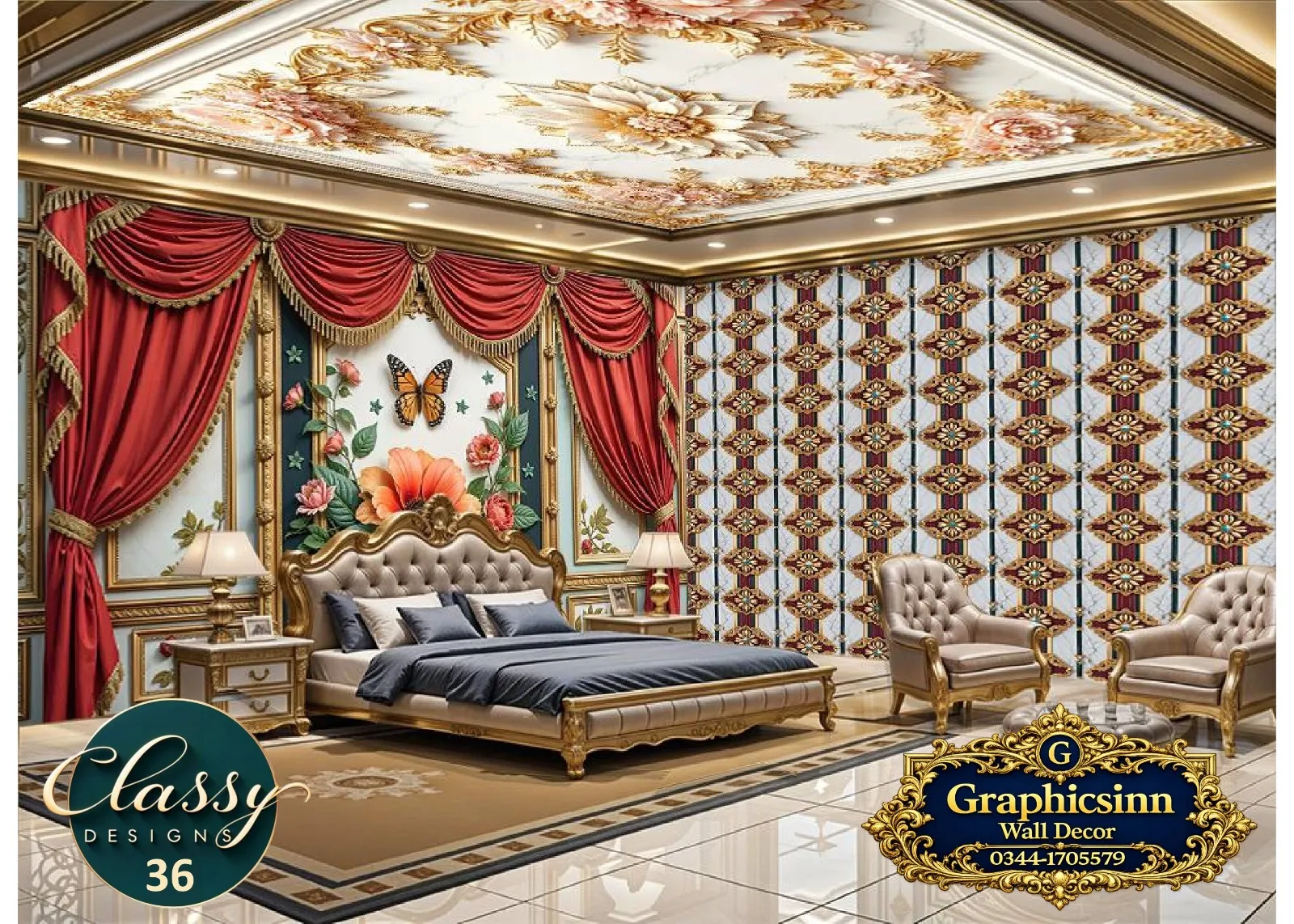 Home 11 3D Red Curtain Floral Butterfly Wallpaper HD Premium File - Classy Designs 36