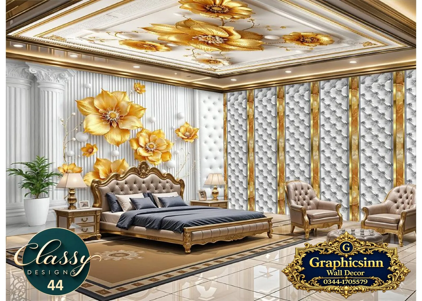 Home 3 3D golden floral white tufted wallpaper HD for commercial wall printing