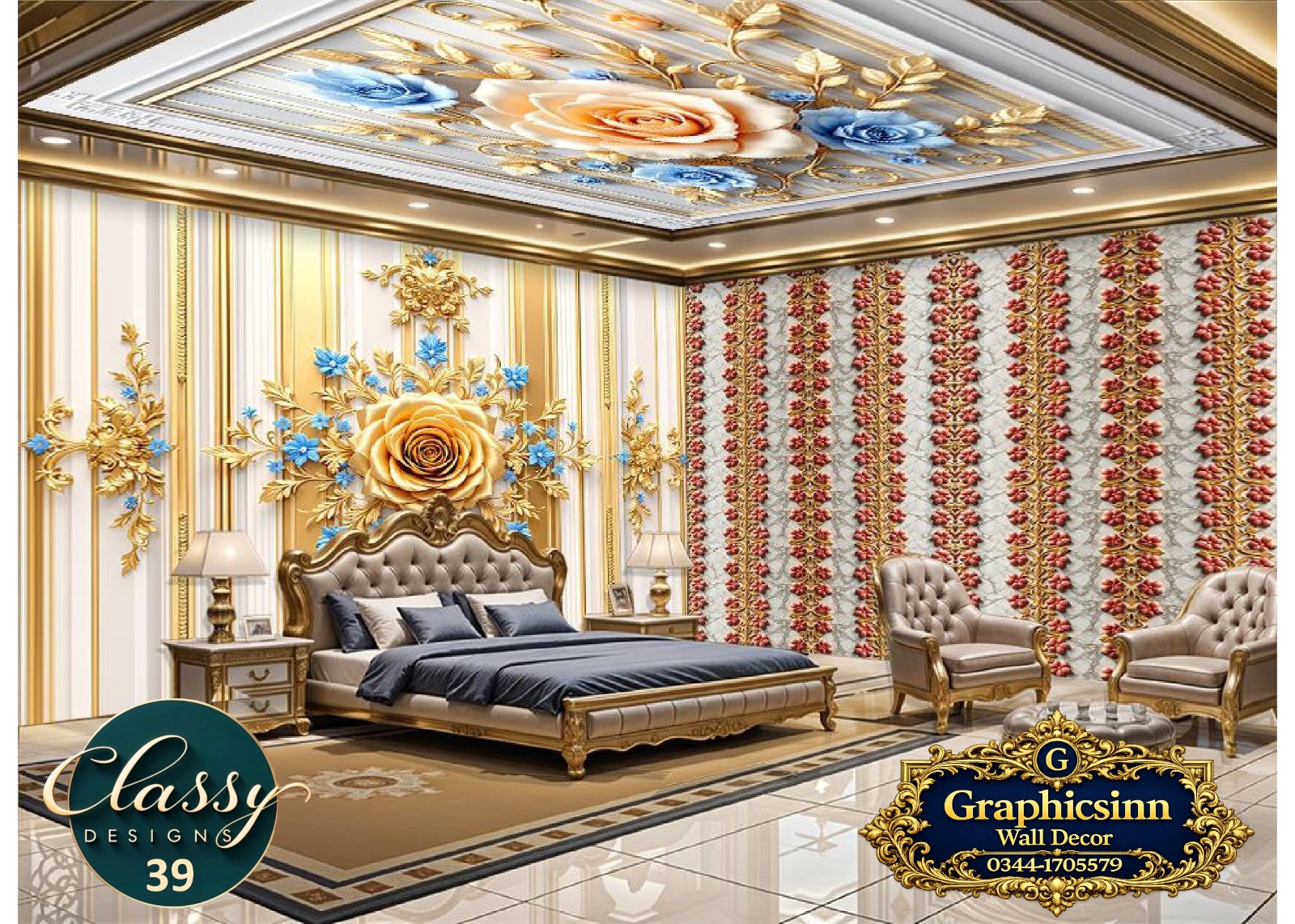 3D golden rose and blue floral wallpaper HD for commercial wall printing