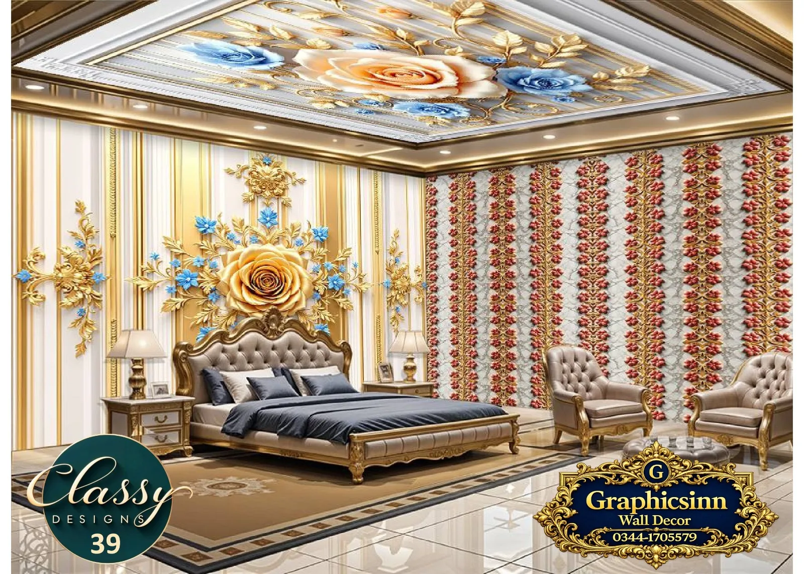 Home 8 3D golden rose and blue floral wallpaper HD for commercial wall printing