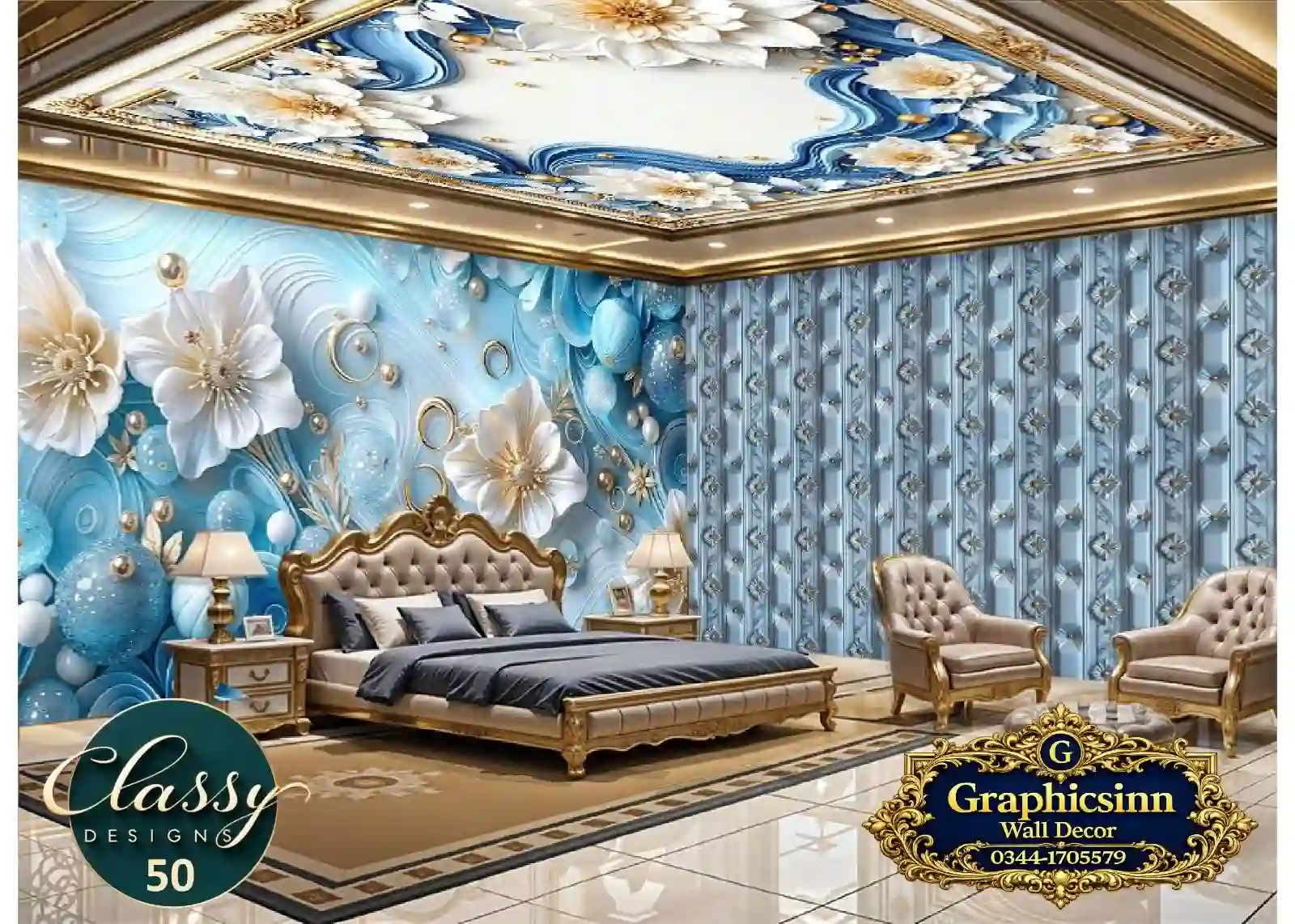 Home 5 3D light blue white floral wallpaper HD for commercial wall printing
