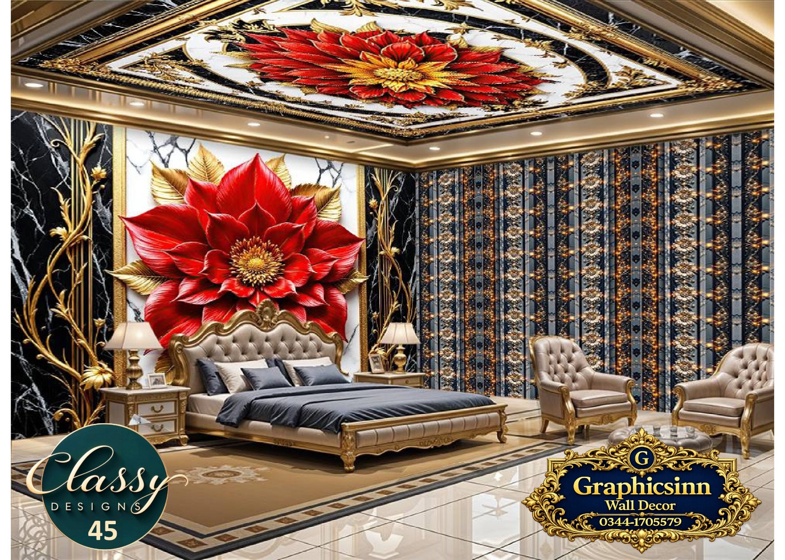 3D red flower black marble wallpaper HD for commercial wall printing