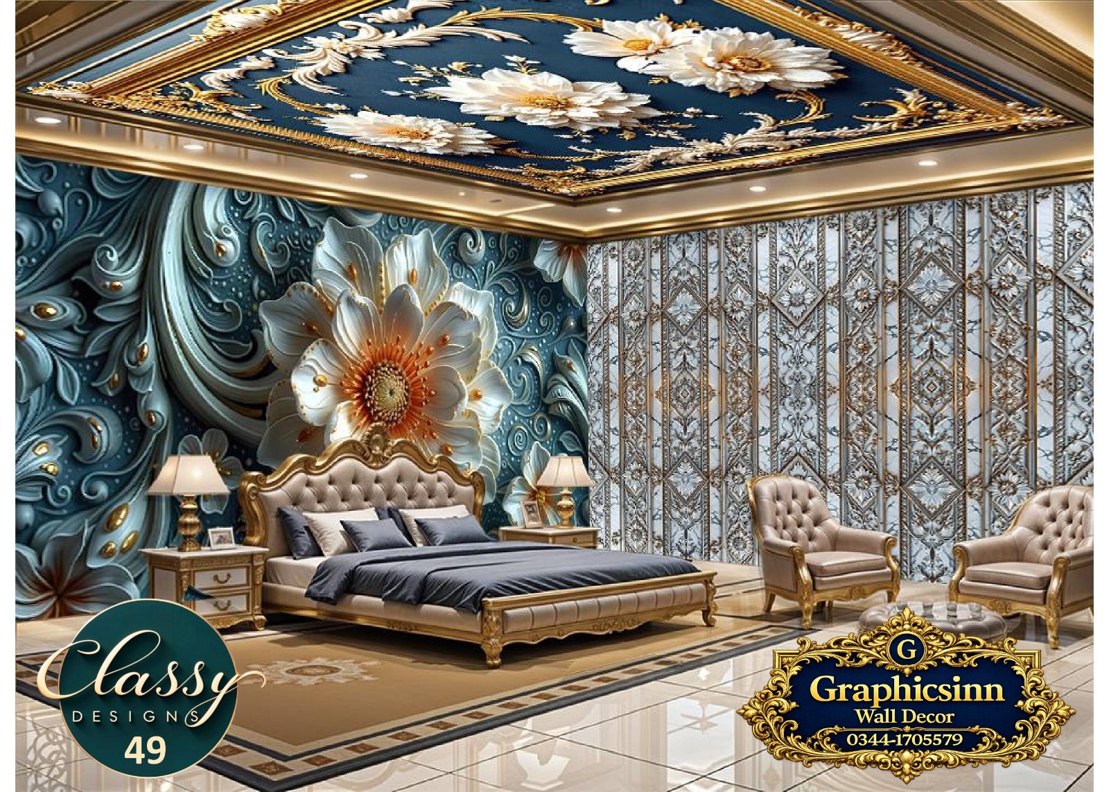 3D teal embossed floral wallpaper HD for commercial wall printing