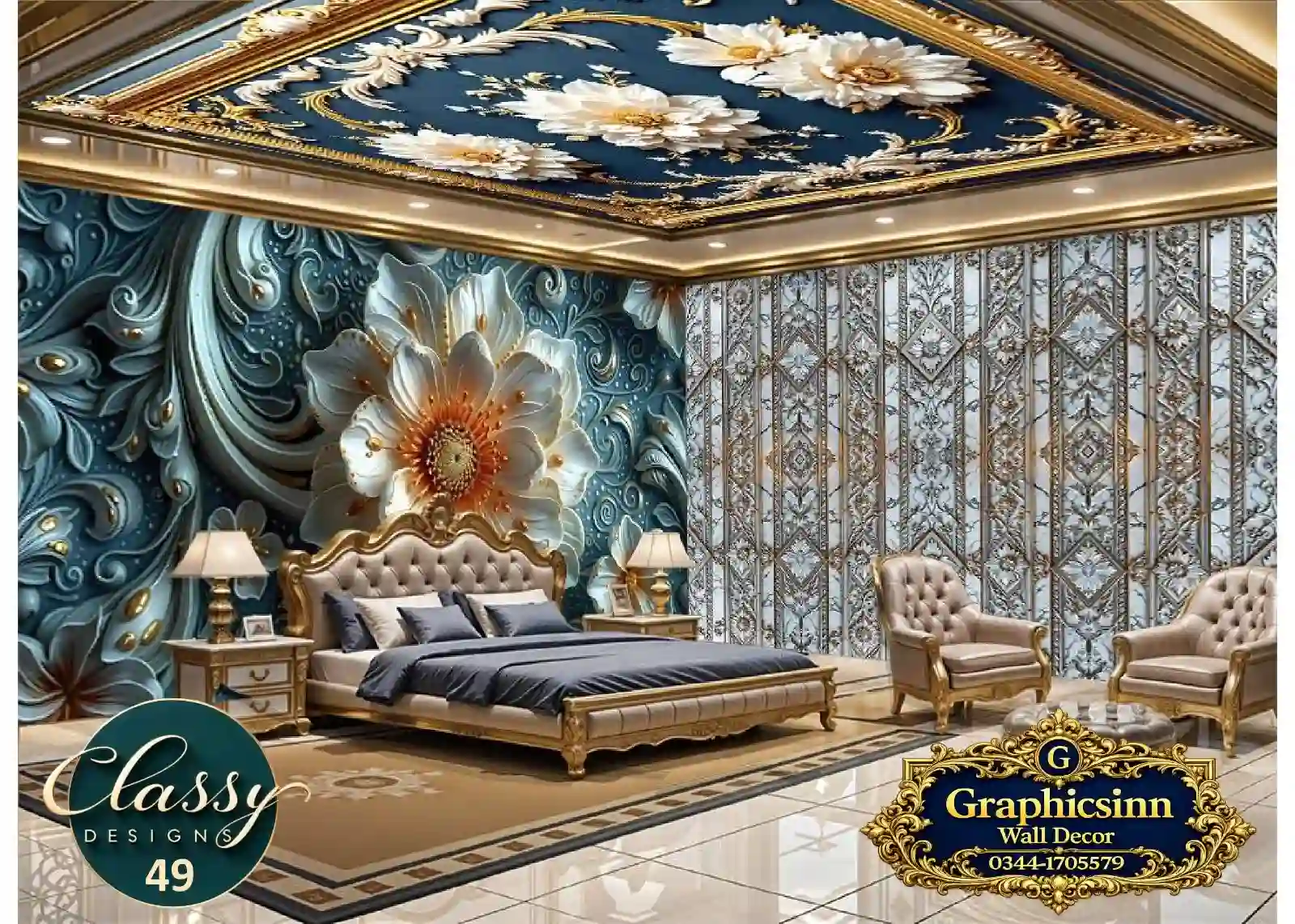 Home 4 3D teal embossed floral wallpaper HD for commercial wall printing