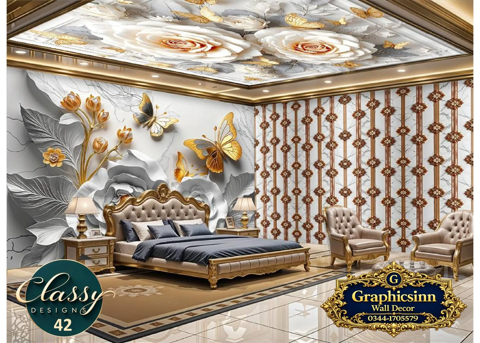 Home 5 3D white rose golden butterfly wallpaper HD for commercial wall printing